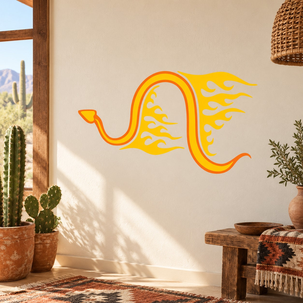 Fire snake wall sticker with orange and yellow flame-style swirl design