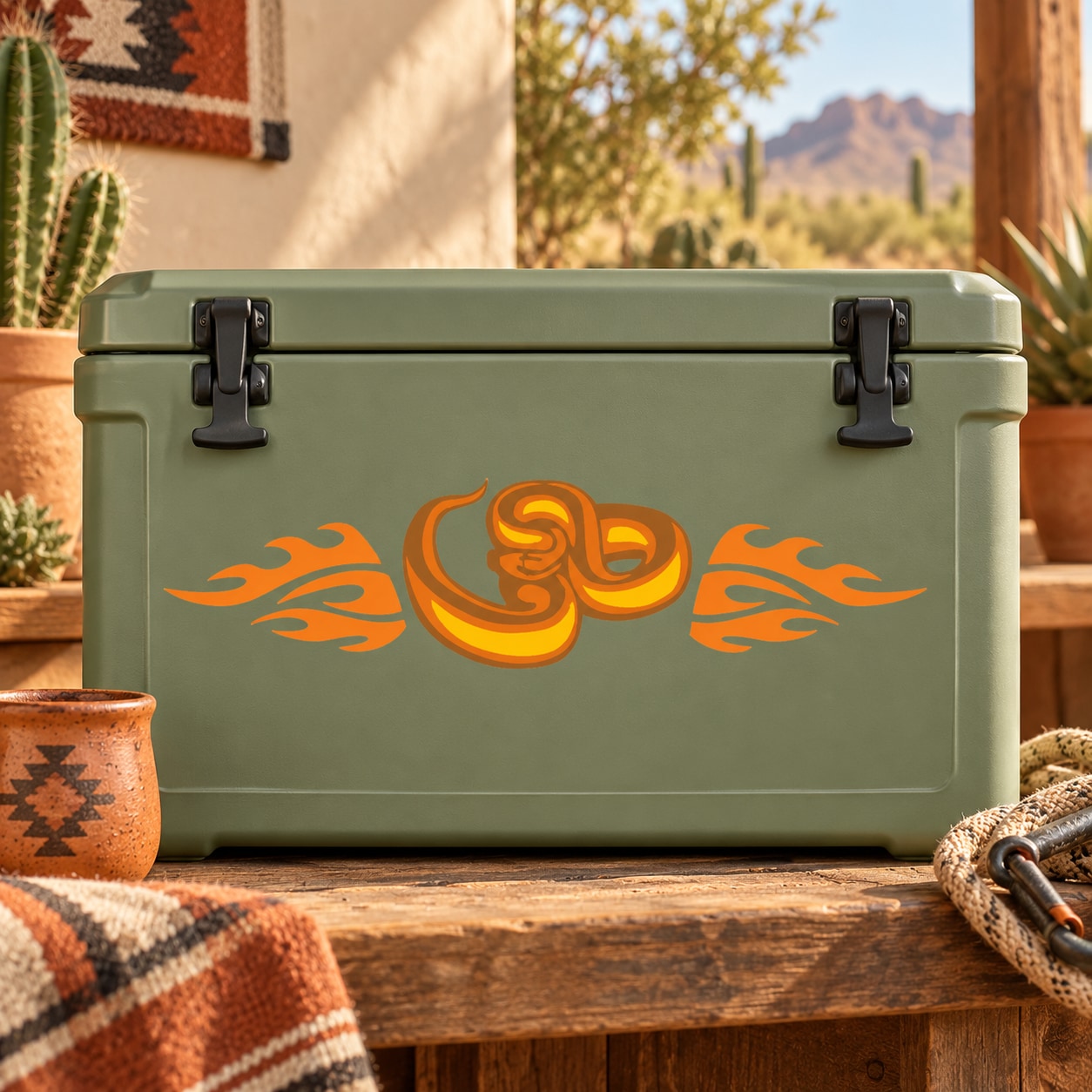 Flame wings snake sticker with orange tribal design on green cooler