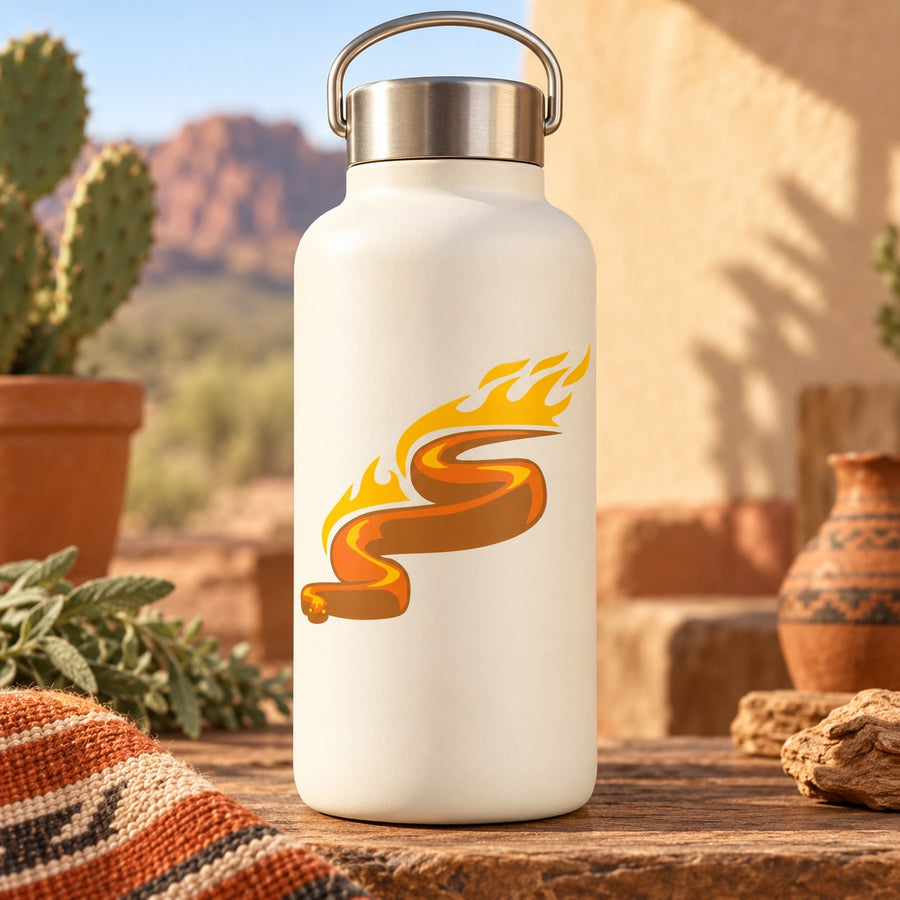 White water bottle with orange flame snake decal on front