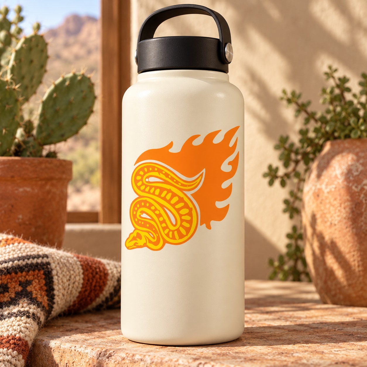 Snake sticker with orange flame pattern on cream water bottle with black lid