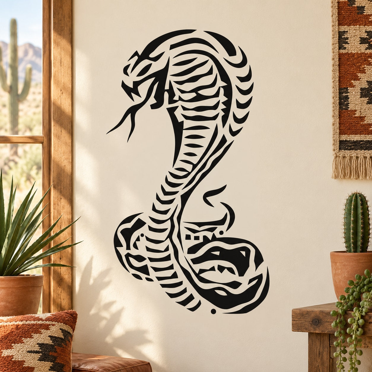 Black cobra skeleton wall decal with coiled head and raised hood