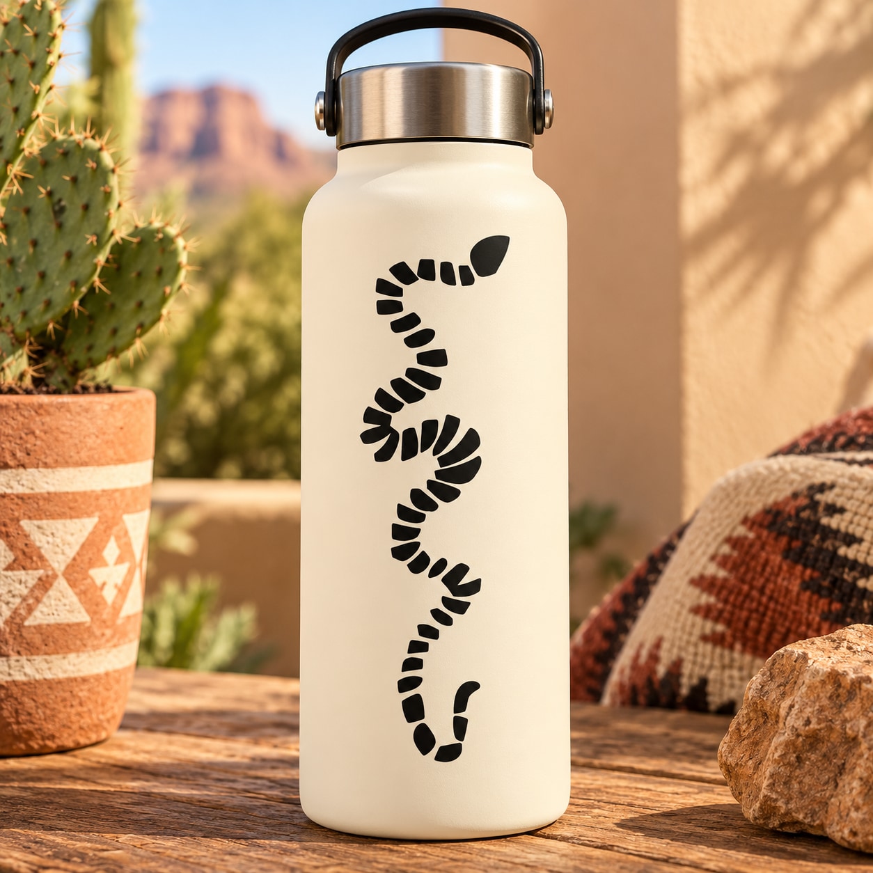 White water bottle with black abstract corn snake decal