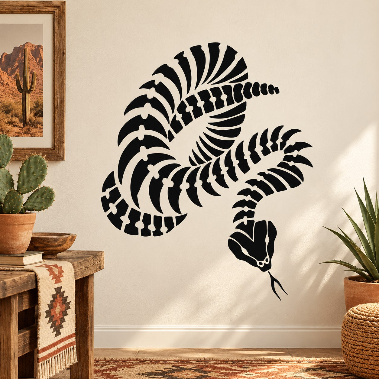 Rattlesnake skeleton wall decal, black outline with coiled tail