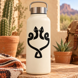 White water bottle with black two-headed snake twisting decal