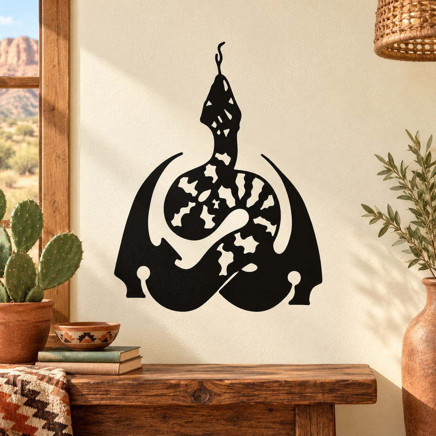 Black double-hook snake wall decal with stylized coiled snake and hooks