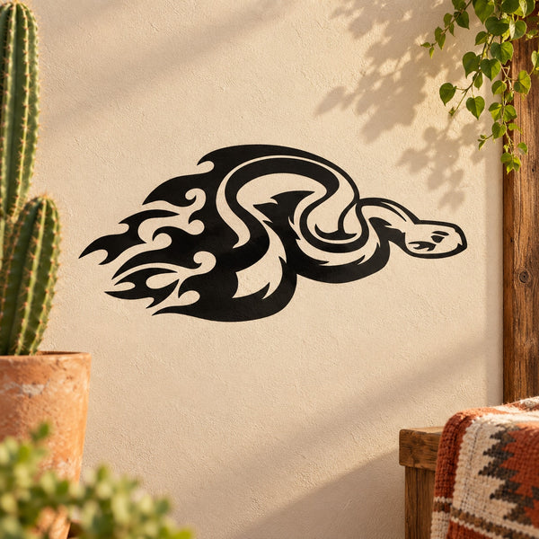 Snake head and flames decal in black and white, bold swirling design