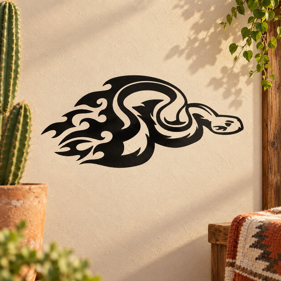 Snake head and flames decal in black and white, bold swirling design