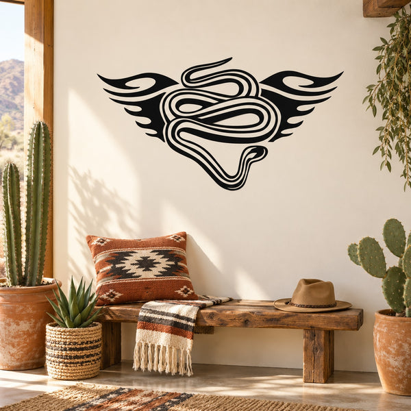 Winged snake tribal emblem decal in black and white, outlined style