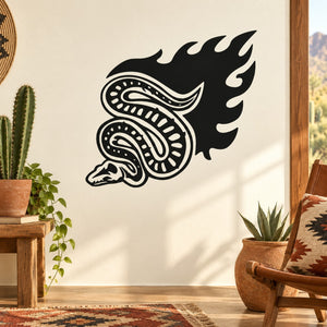 Flame trail snake wall decal, black coiled snake with flame tail