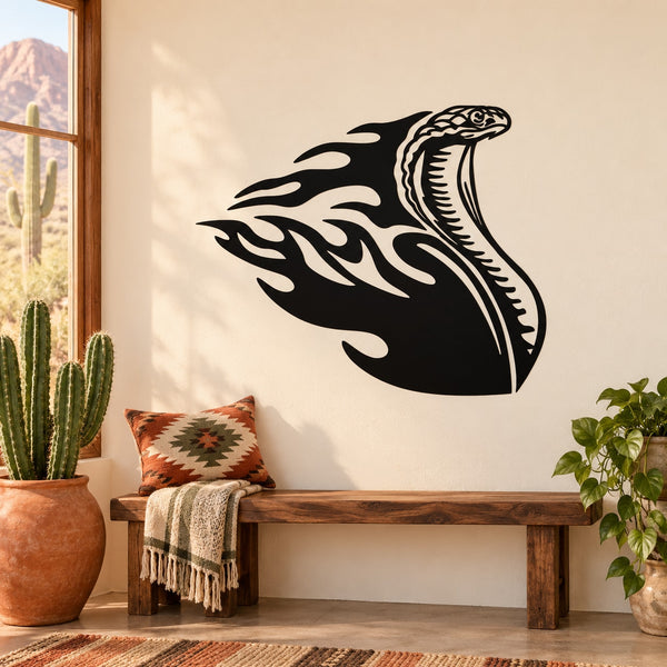 Black and white cobra flame trail wall decal with coiled head and swirls