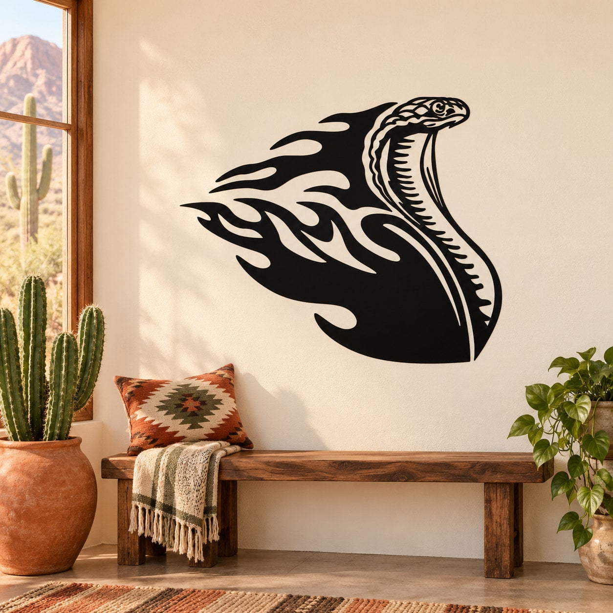 Black and white cobra flame trail wall decal with coiled head and swirls
