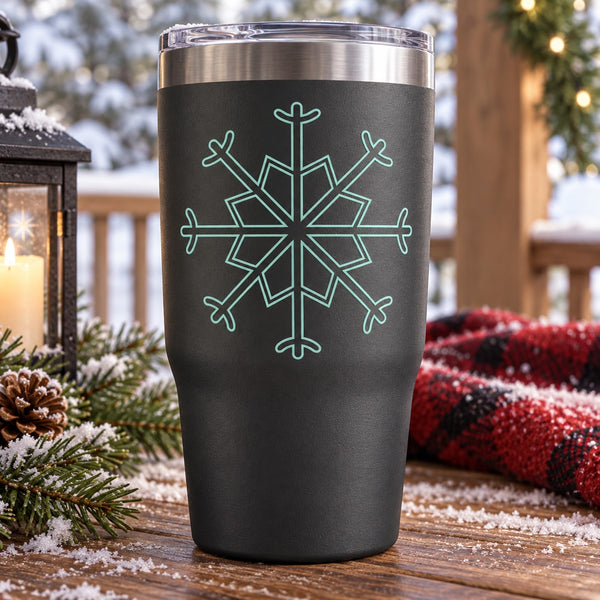 Matte black tumbler with teal dendrite snowflake decal and stainless lid