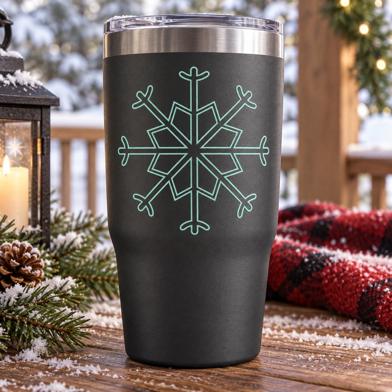 Matte black tumbler with teal dendrite snowflake decal and stainless lid