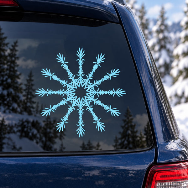 Fractal star snowflake decal in light blue on a car window