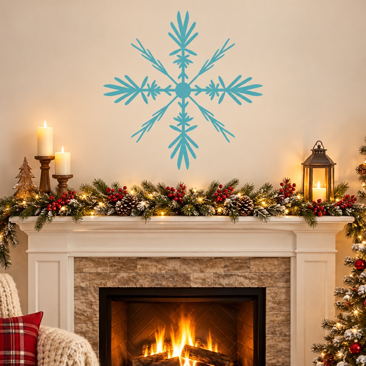 Turquoise snowflake wall decal with layered 3D-style flakes above a fireplace