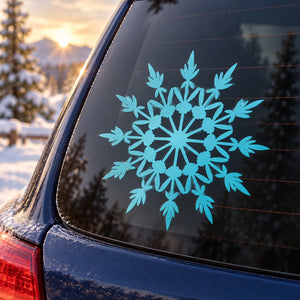 Twelve-pointed snowflake decal with teal-blue snowflake design on car window