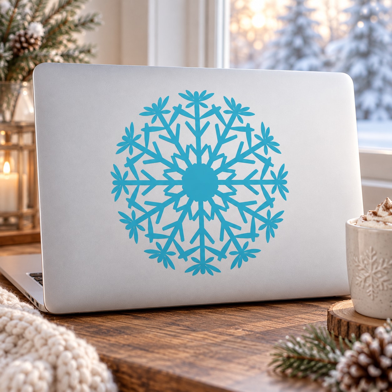 Round turquoise snowflake decal with starburst pattern for decorating