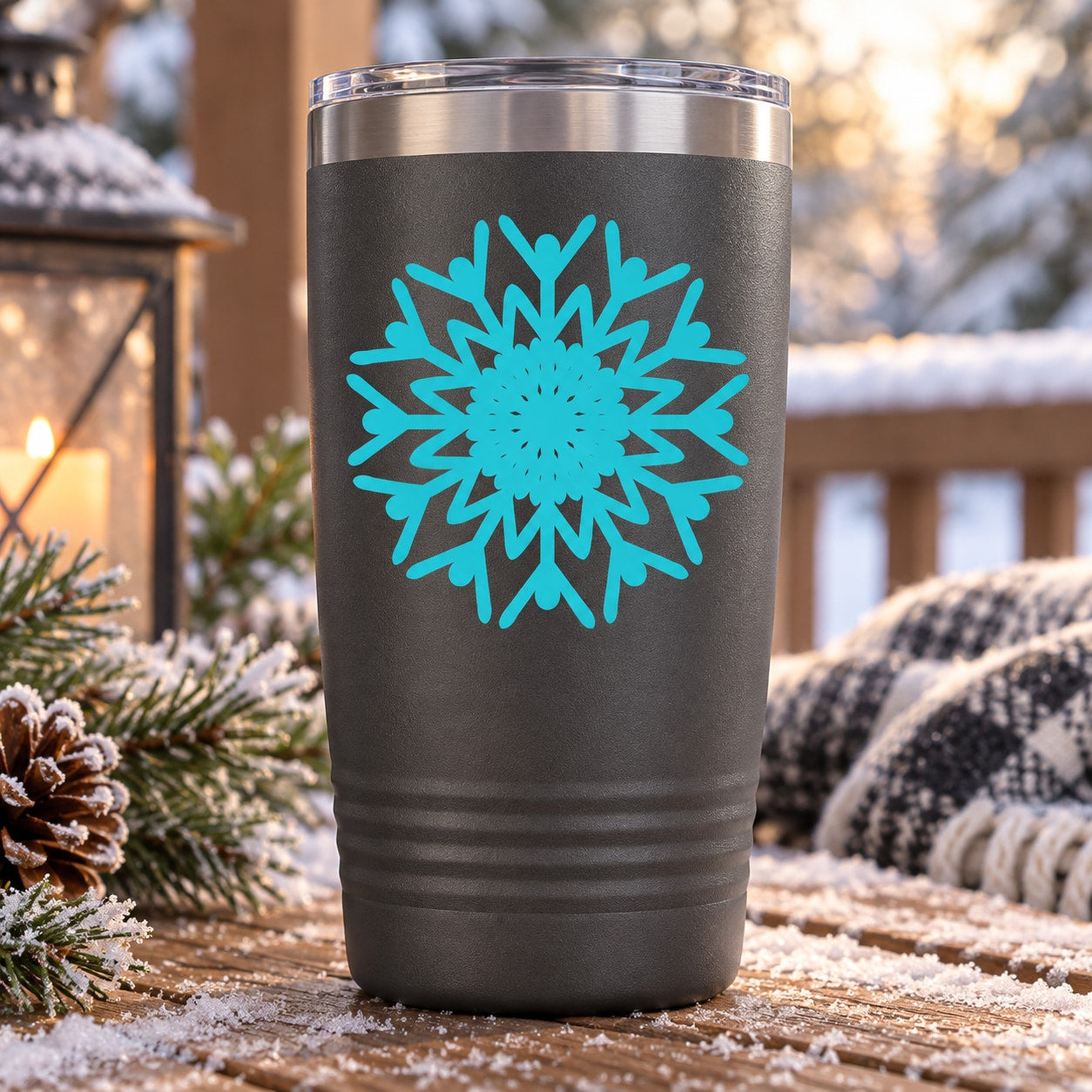 Turquoise and teal snowflake decal on matte black tumbler with silver rim