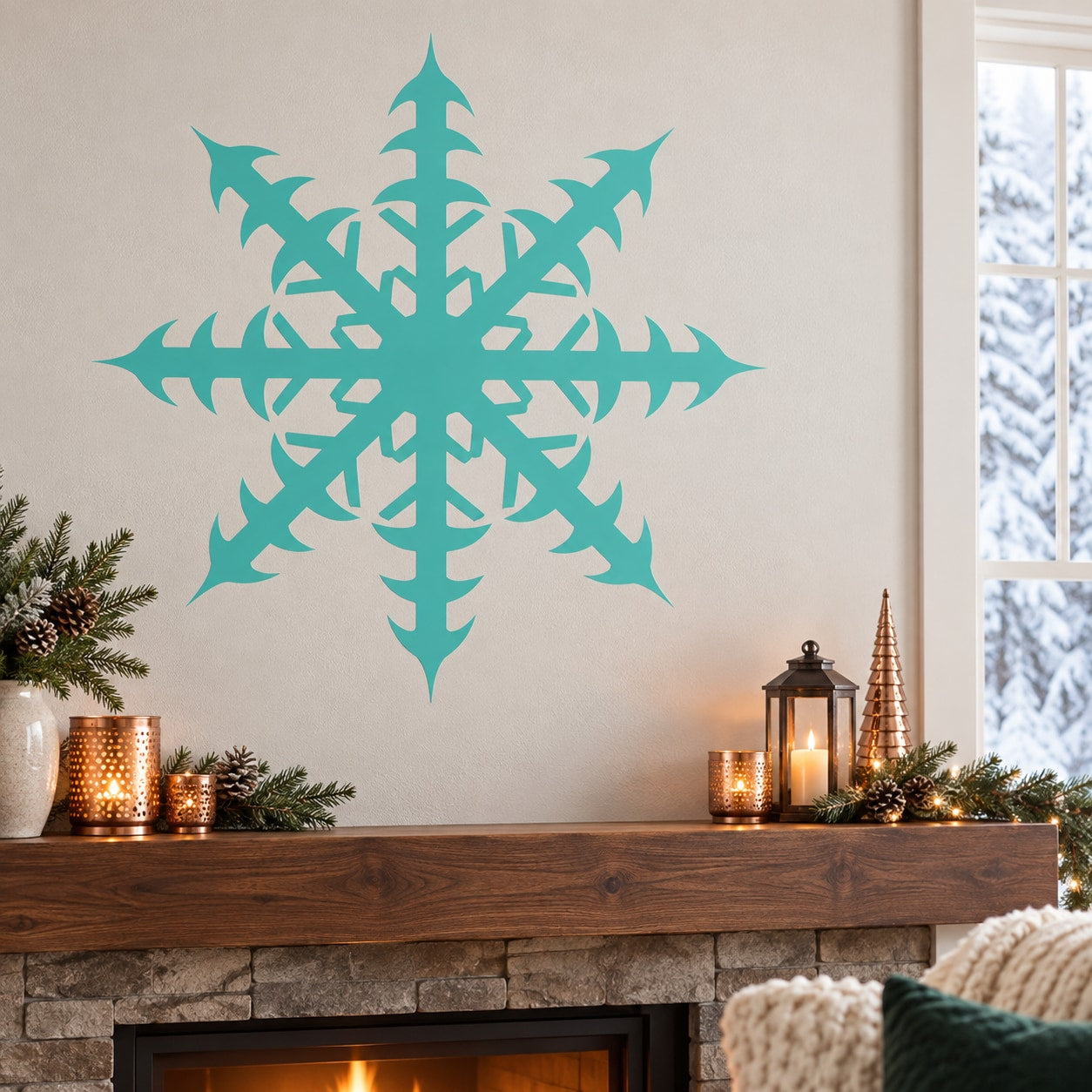 Radiating snowflake wall decal in teal with detailed symmetrical starburst design
