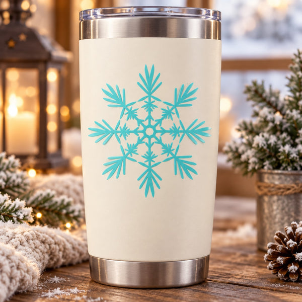 Blue snowflake decal on white tumbler, winter vinyl style sticker