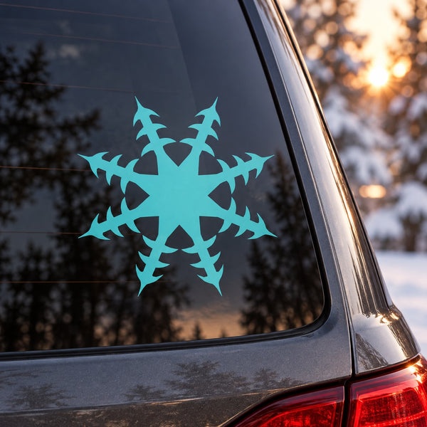 Teal snowflake decal on car window glass