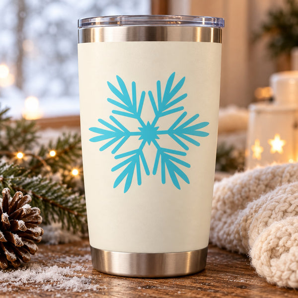 Snowflake decal on white tumbler with blue starburst design