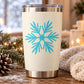 Snowflake decal on white tumbler with blue starburst design