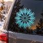 Turquoise abstract geometric snowflake decal on car window glass