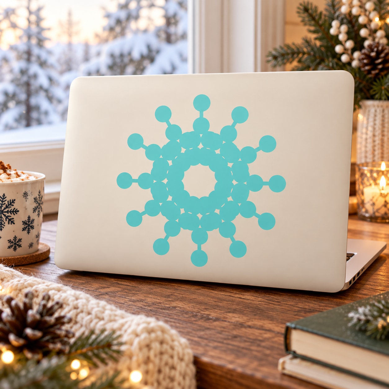 Droplet Snowflake Decal — illustrative vinyl decal application mockup. Surrounding objects are not included.