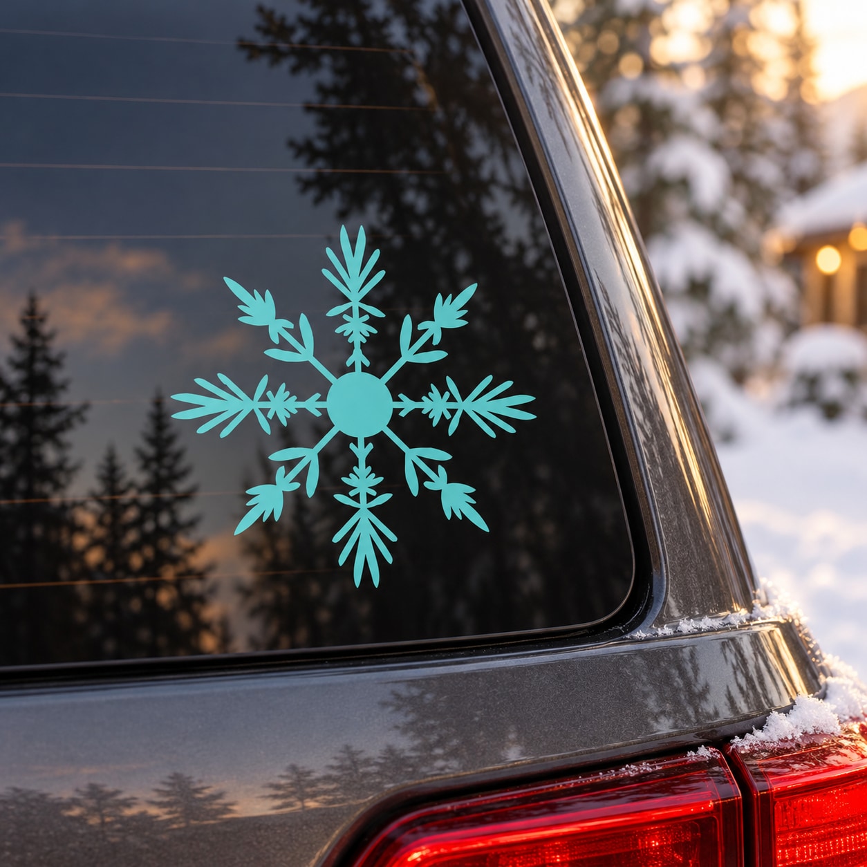 Turquoise snowflake window decal on dark car glass