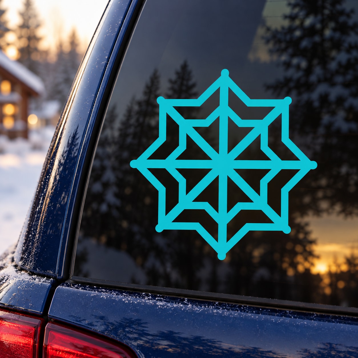 Turquoise snowflake web decal on car window