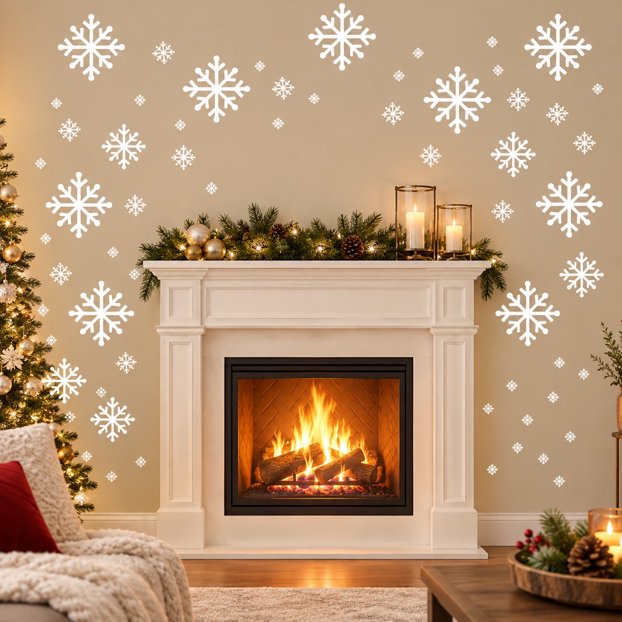 White snowflake wall decals for decorating around a fireplace, assorted sizes
