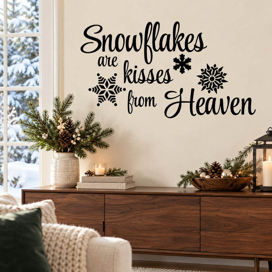Snowflakes Are Kisses From Heaven Snowflake Quote Decal — illustrative vinyl decal application mockup. Surrounding objects are not included.