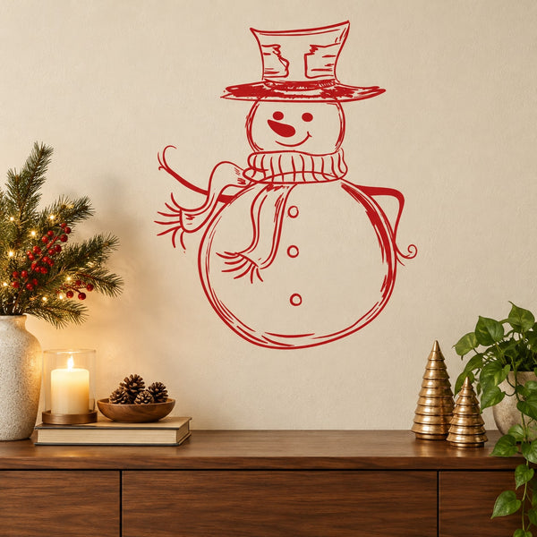 Snowman wall decal with red line-art hat and scarf