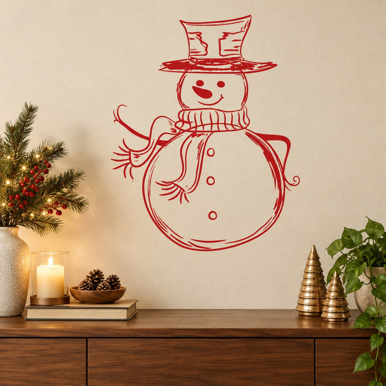 Snowman wall decal with red line-art hat and scarf