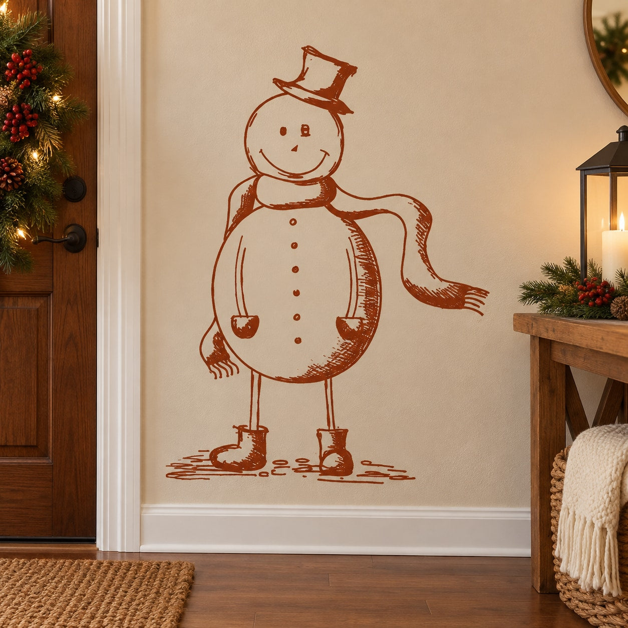Standing snowman with scarf wall decal, brown line-art design.