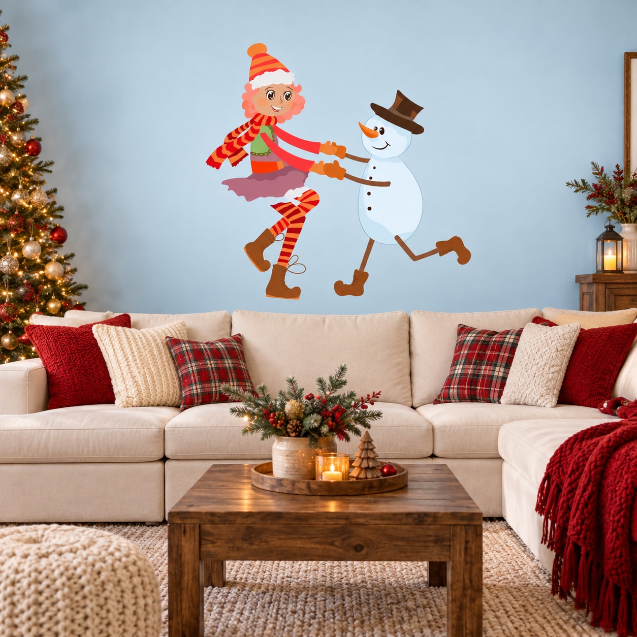 Christmas wall decal of a dancing snowman with a girl in scarf and hat