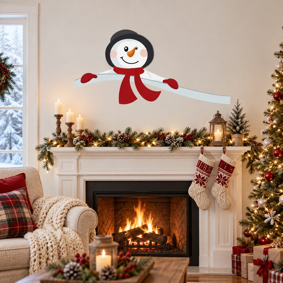 Cartoon snowman playing in snow sticker, black hat, red scarf and orange nose