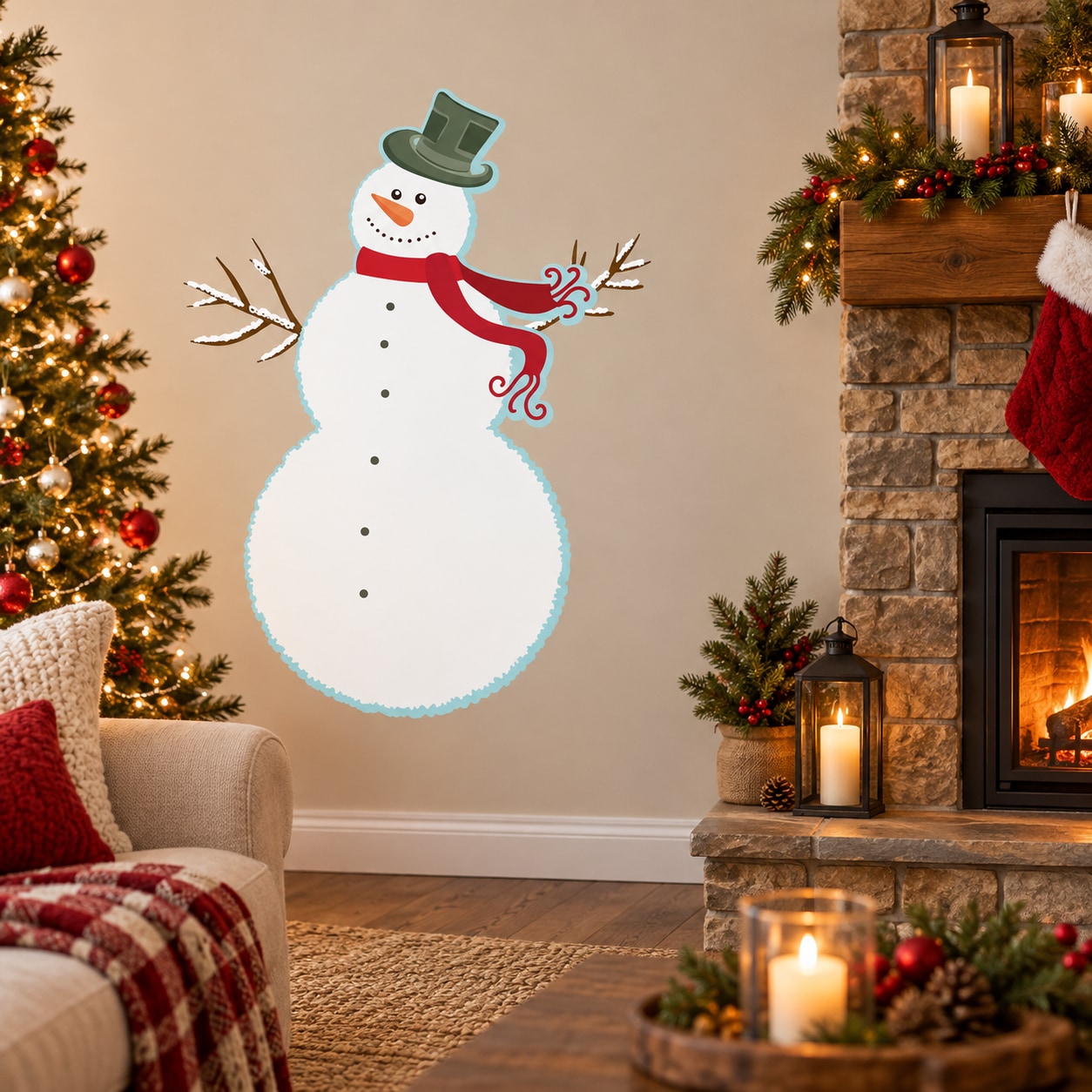 Snowman holiday sticker with green top hat, red scarf, and blue arms