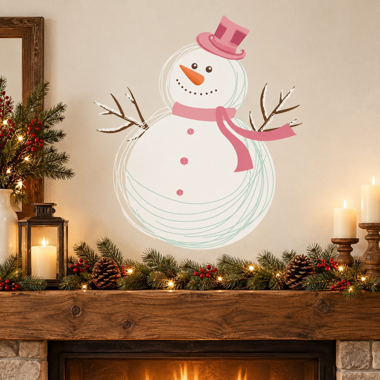 Snowman wall sticker with pink top hat, pink scarf, and orange carrot nose