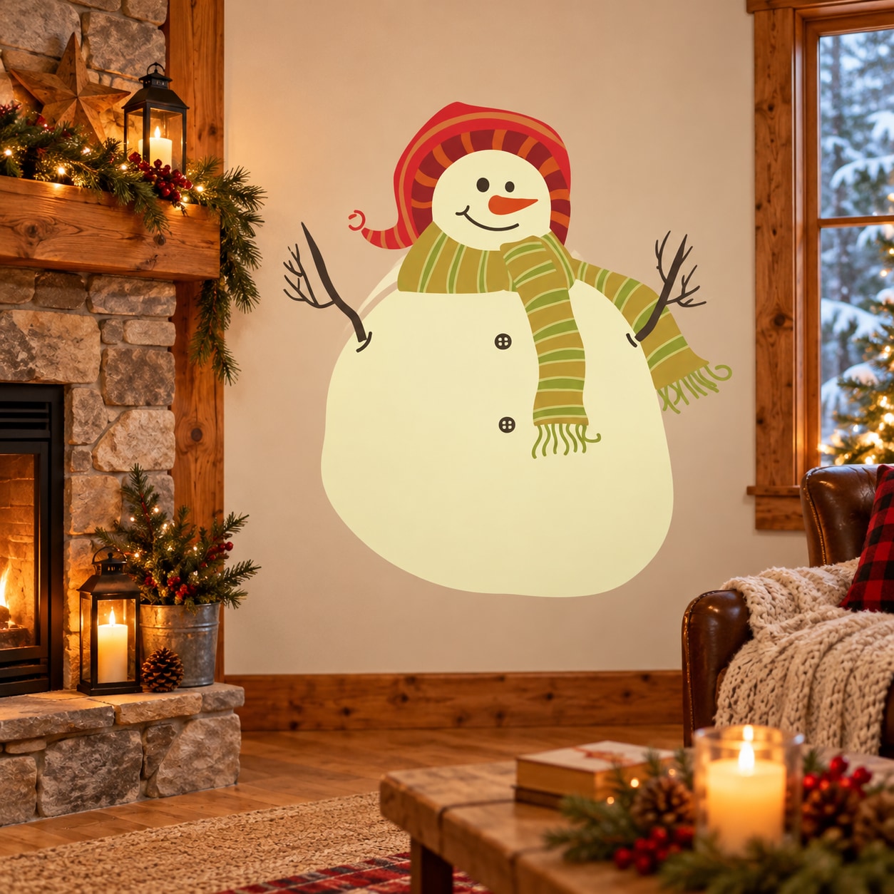 Whimsical snowman decal with red hood, green striped scarf, and antlers