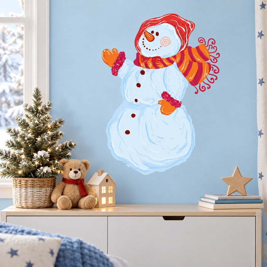 Cartoon snowman waving wall decal with red hat and orange scarf