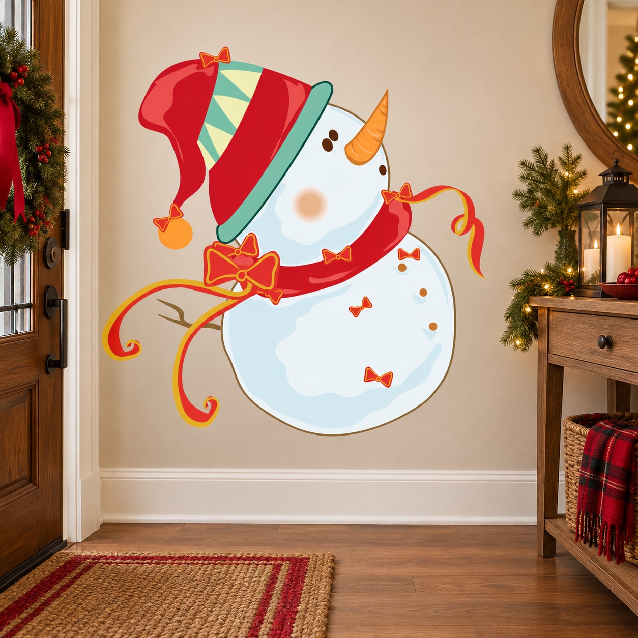 Snowman wall decal with red-green hat and orange bows, smiling face