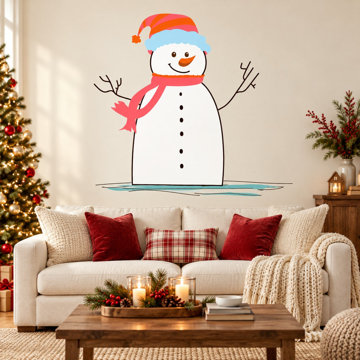 Joyful snowman greeting wall decal with colorful hat and scarf, arms raised