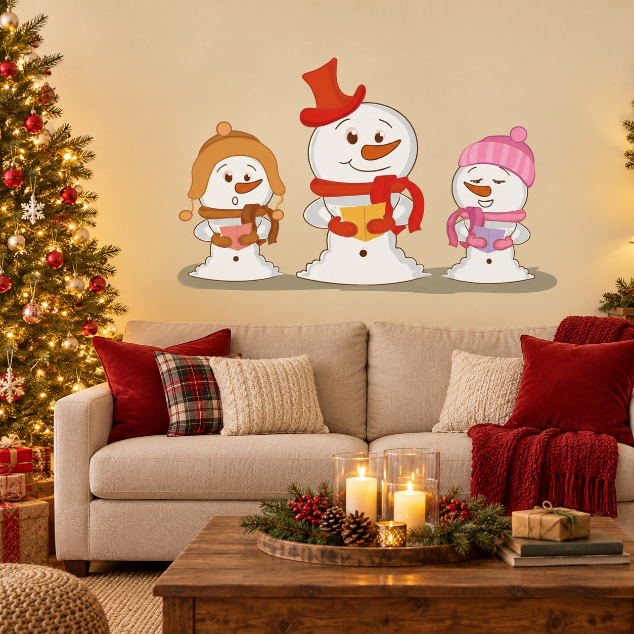 Three singing snowman cartoon stickers, beige and red hats with smiles