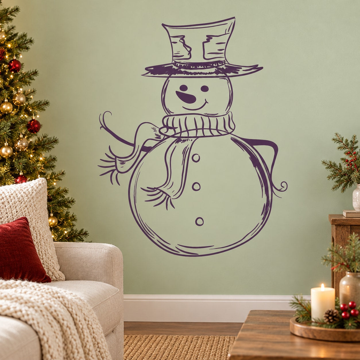 Purple snowman line-art wall decal with scarf and hat