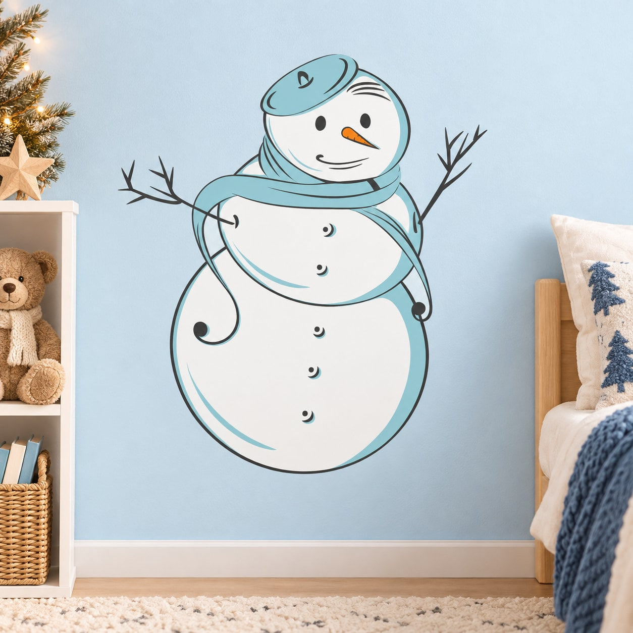 Cute snowman sticker with light-blue hat, scarf, and snowflake eyes