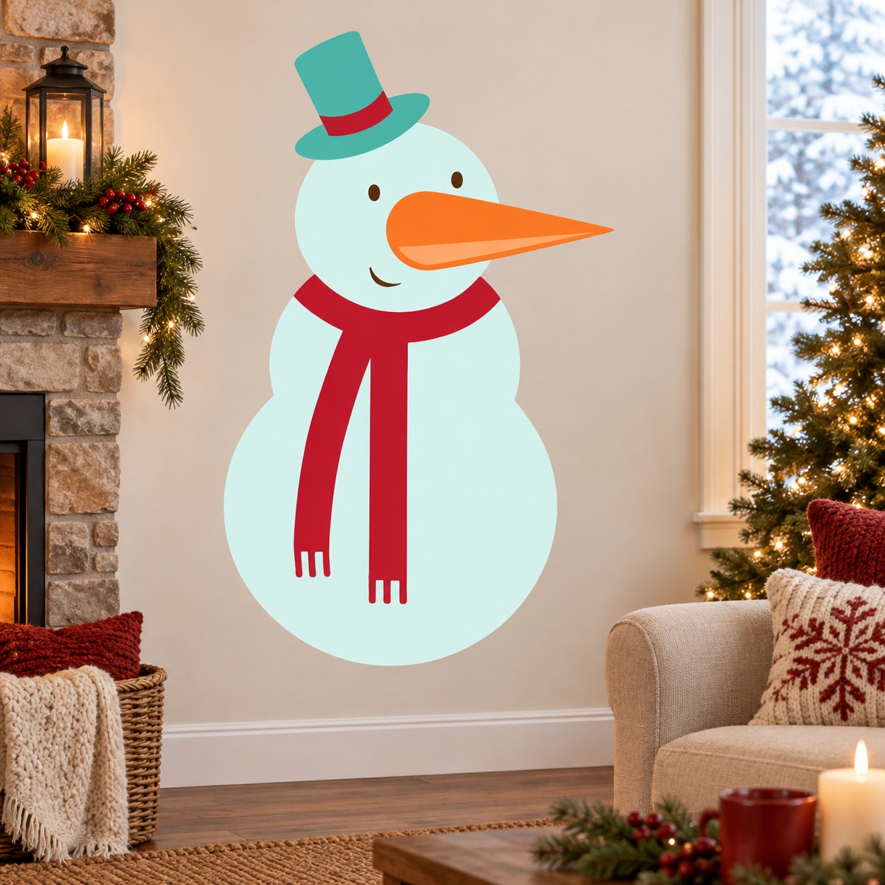 Snowman wall sticker with teal hat, orange nose, and red scarf