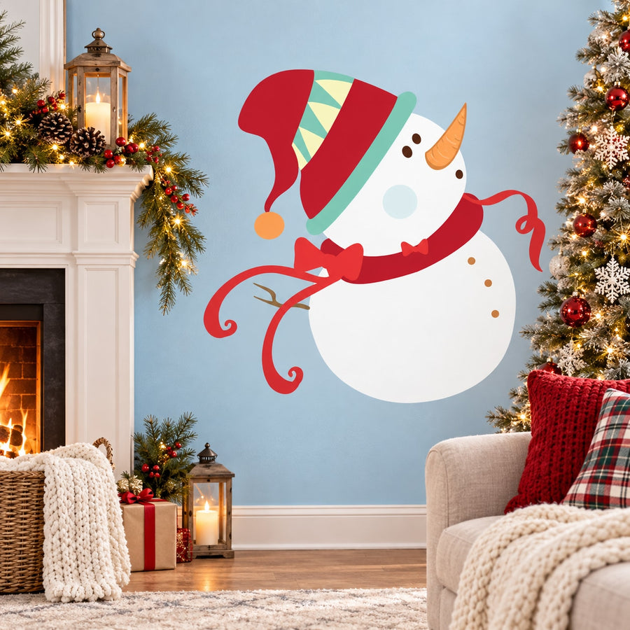 Colorful snowman wall decal with red scarf, patterned hat, and orange nose