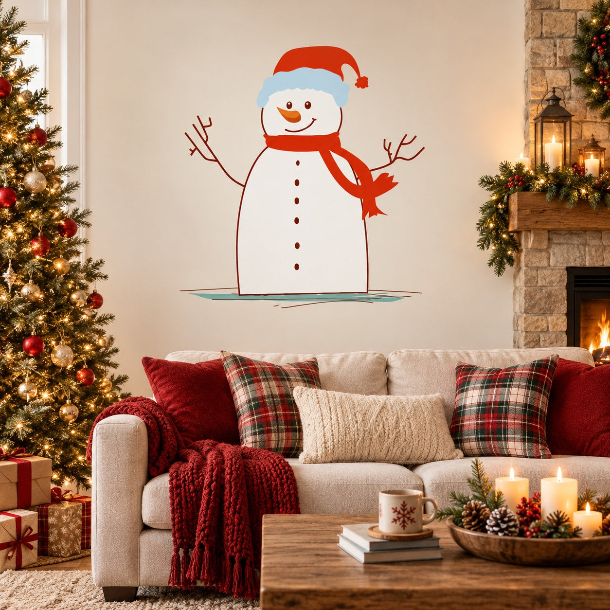 Cartoon snowman sticker with red hat, orange scarf, and ice-like base
